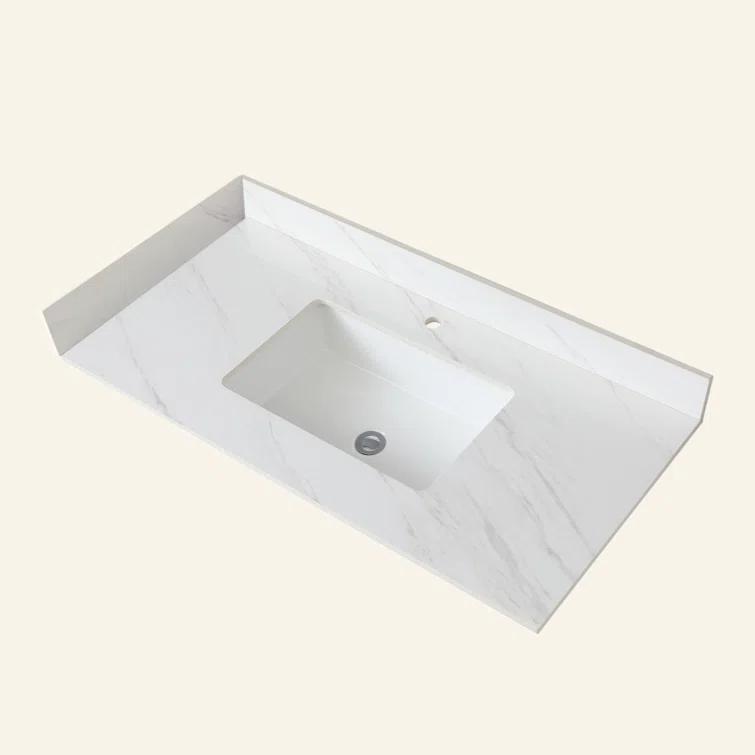 Tech Cube 43 Inch Marble Vanity Top, White Vanity Top With Pre-Drilled Faucet Holes, Bathroom Vanity Top With Undermount Rectangular Middle Sink And 4" Height Backsplash,  Bianco Carrara Venato TCYX14547A