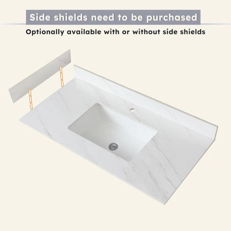 Tech Cube 43 Inch Marble Vanity Top, White Vanity Top With Pre-Drilled Faucet Holes, Bathroom Vanity Top With Undermount Rectangular Middle Sink And 4" Height Backsplash,  Bianco Carrara Venato TCYX14547A