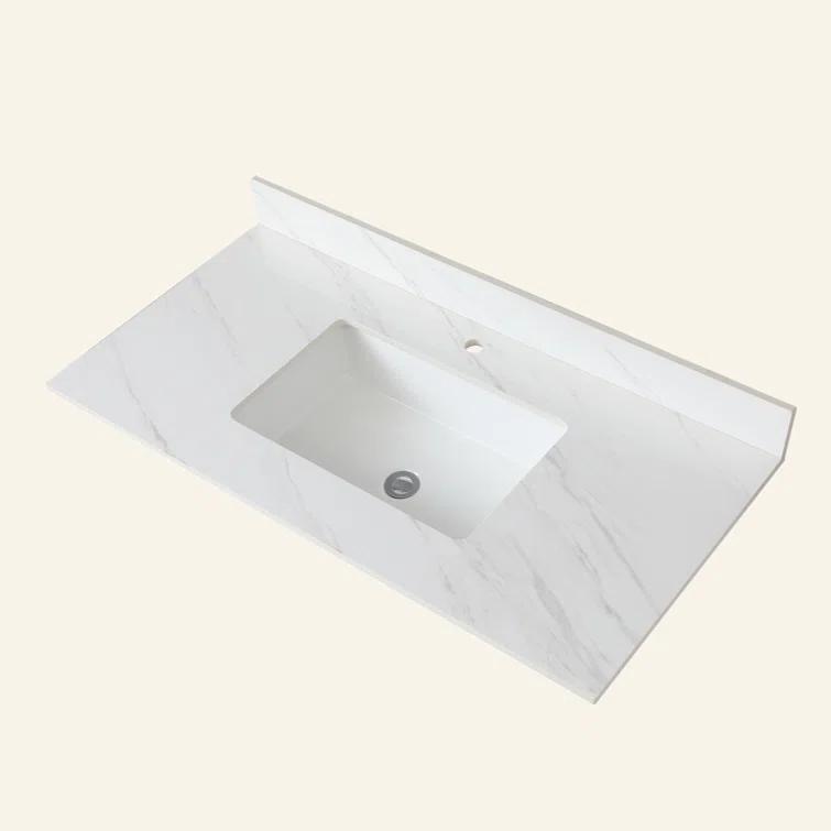 Tech Cube 43 Inch Marble Vanity Top, White Vanity Top With Pre-Drilled Faucet Holes, Bathroom Vanity Top With Undermount Rectangular Middle Sink And 4" Height Backsplash,  Bianco Carrara Venato TCYX14547A