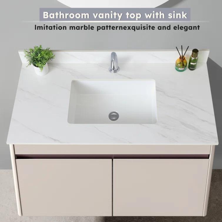 Tech Cube 43 Inch Marble Vanity Top, White Vanity Top With Pre-Drilled Faucet Holes, Bathroom Vanity Top With Undermount Rectangular Middle Sink And 4" Height Backsplash,  Bianco Carrara Venato TCYX14547A