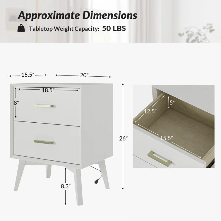 Preston 26"H Modern 2-Drawer Nightstand with USB Ports and Flared Legs