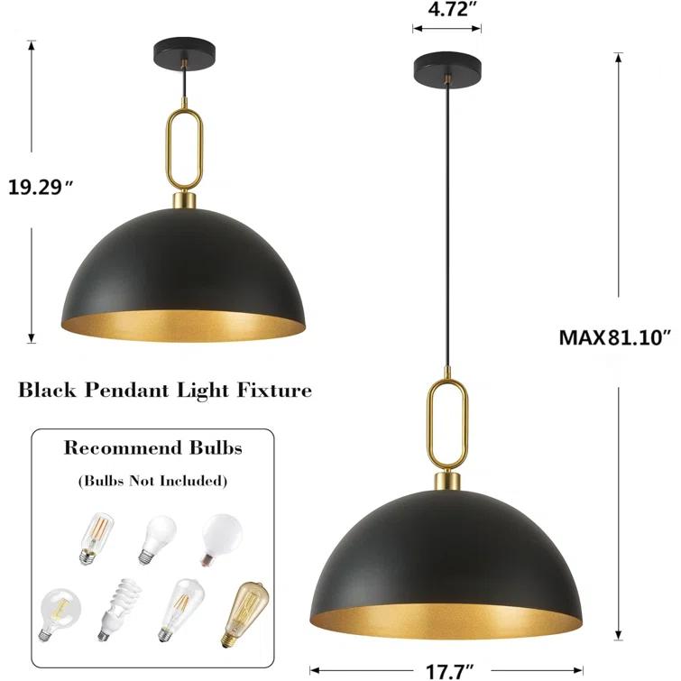 Everly Quinn 17.7" Farmhouse Vintage Black And Gold Pendant Light - Dome Chandelier For Kitchen Island, Dining Room, Hallway