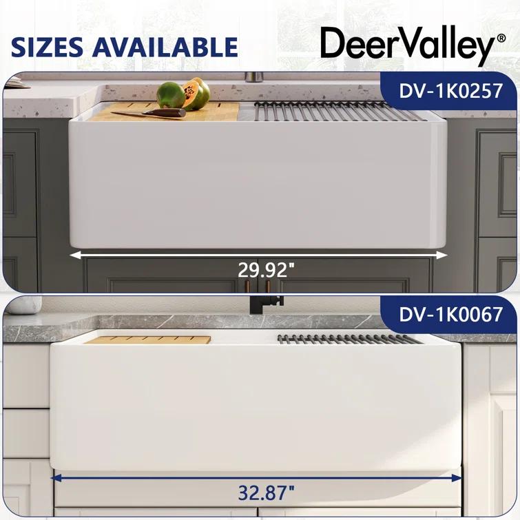 DeerValley 33" L X 20" W Single Basin Workstation Farmhouse Kitchen Sink With Sink Grid, Cutting Board And Dish-Drying Rack