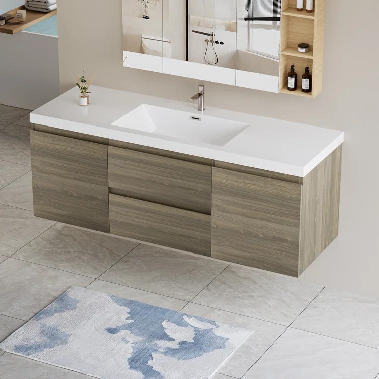 60" Floating Bathroom Vanity Modern Wall-Mounted Storage Vanity with Resin Top Basin, 2 Cabinets and 2 Soft Close Drawers