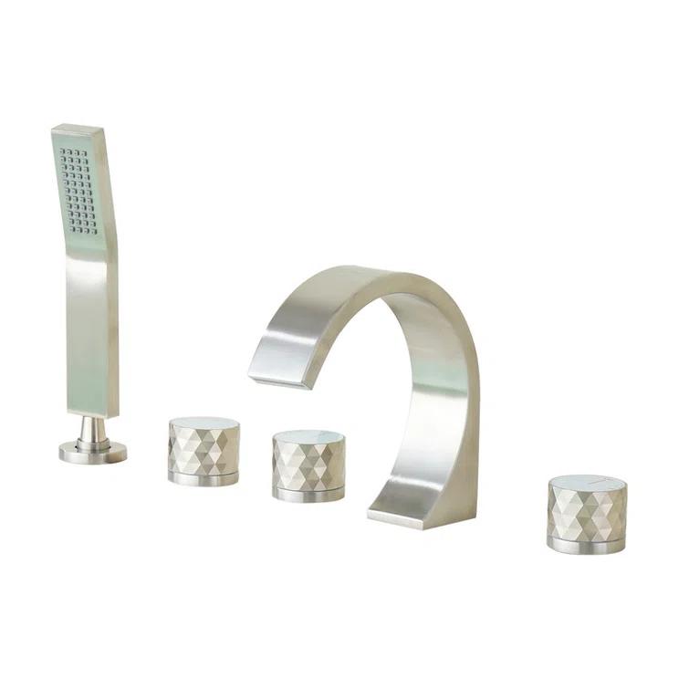 3 Handles Deck Mounted Bathroom Tub Faucet Trim with Handshower