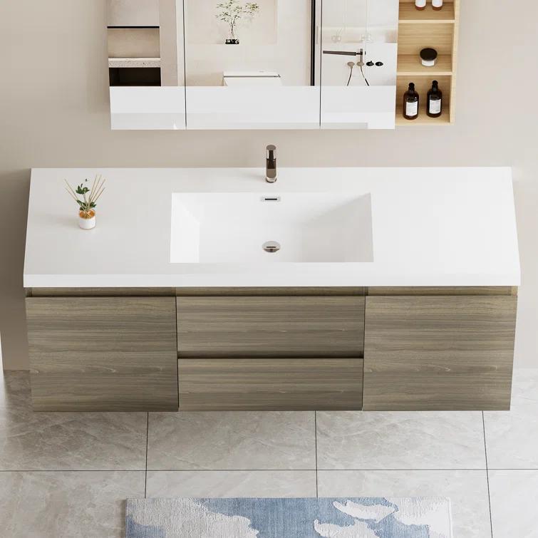 60" Floating Bathroom Vanity Modern Wall-Mounted Storage Vanity with Resin Top Basin, 2 Cabinets and 2 Soft Close Drawers
