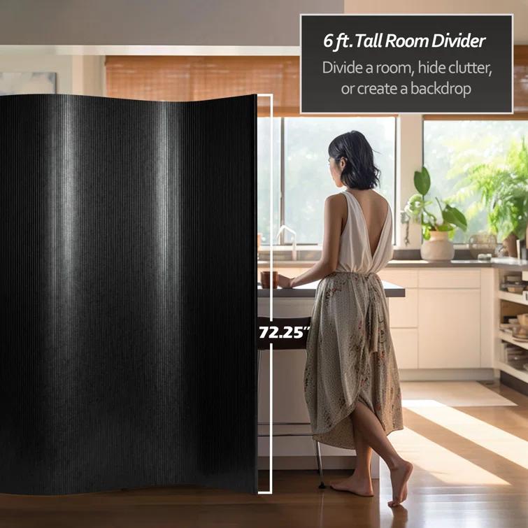 Red Lantern 6 ft. Tall Bamboo Wave Screen - Black