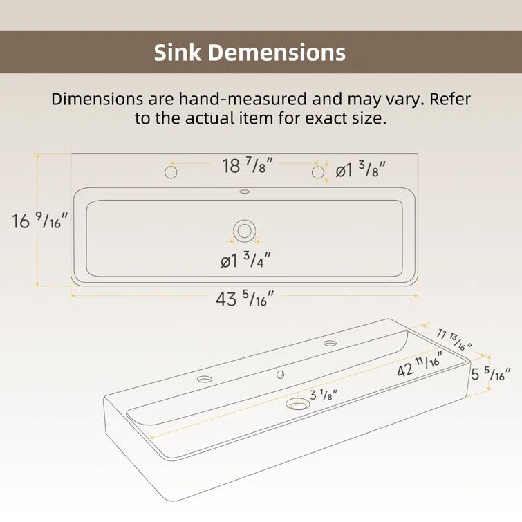 Los Flexi Los Flexi 43" x 16" Extra Large Trough Sink, Dual Faucet Holes, Wall-Mount Install, Pop-Up Drain WFLFBSTM04-01