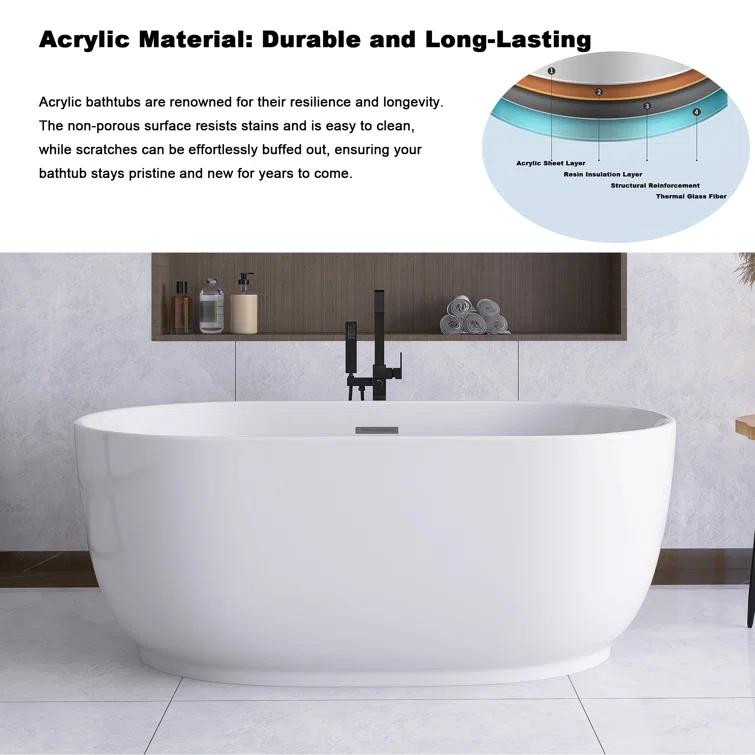 JimsMaison 59'' Acrylic Freestanding Soaking Bathtub In Glossy White JMUBBT21-59GW