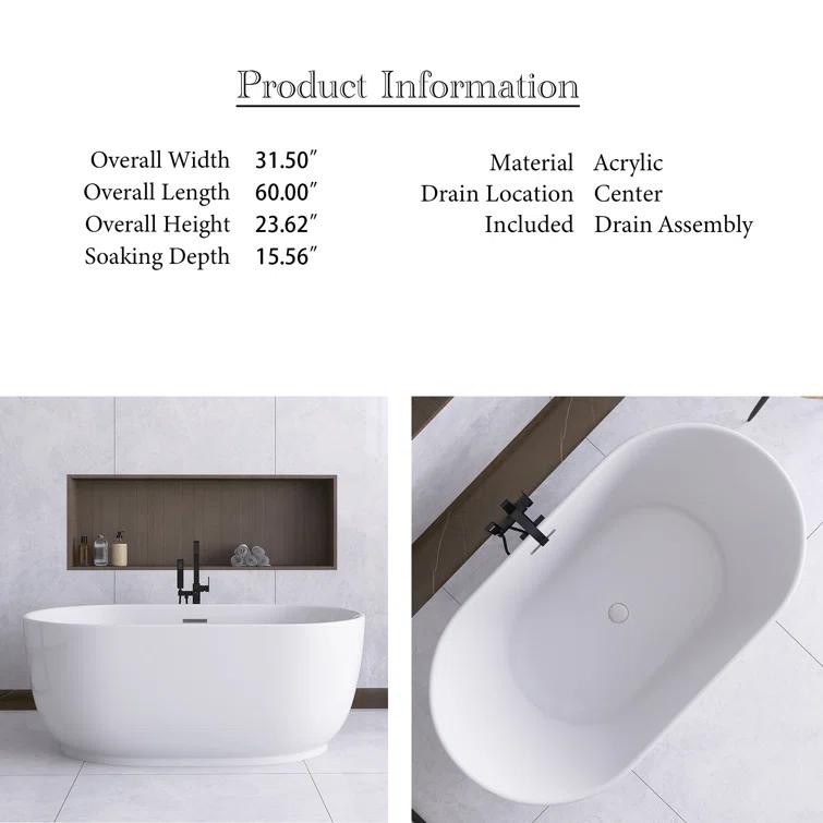 JimsMaison 59'' Acrylic Freestanding Soaking Bathtub In Glossy White JMUBBT21-59GW