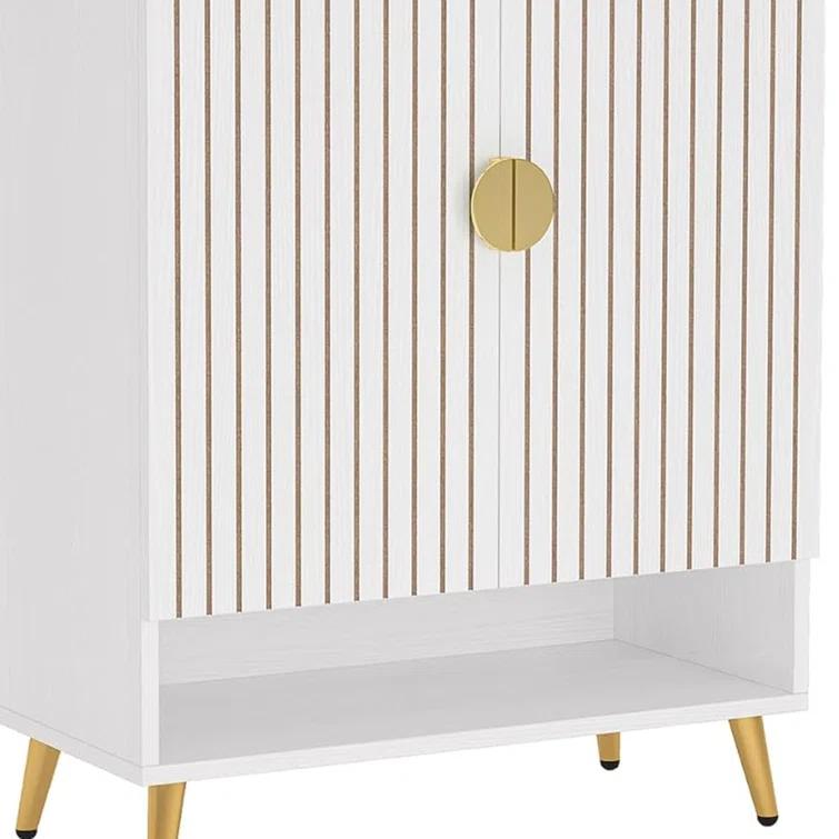 Shoe Cabinet, 2 Doors, 6 Tier Shelves, Gold Metal, White 43 Inch