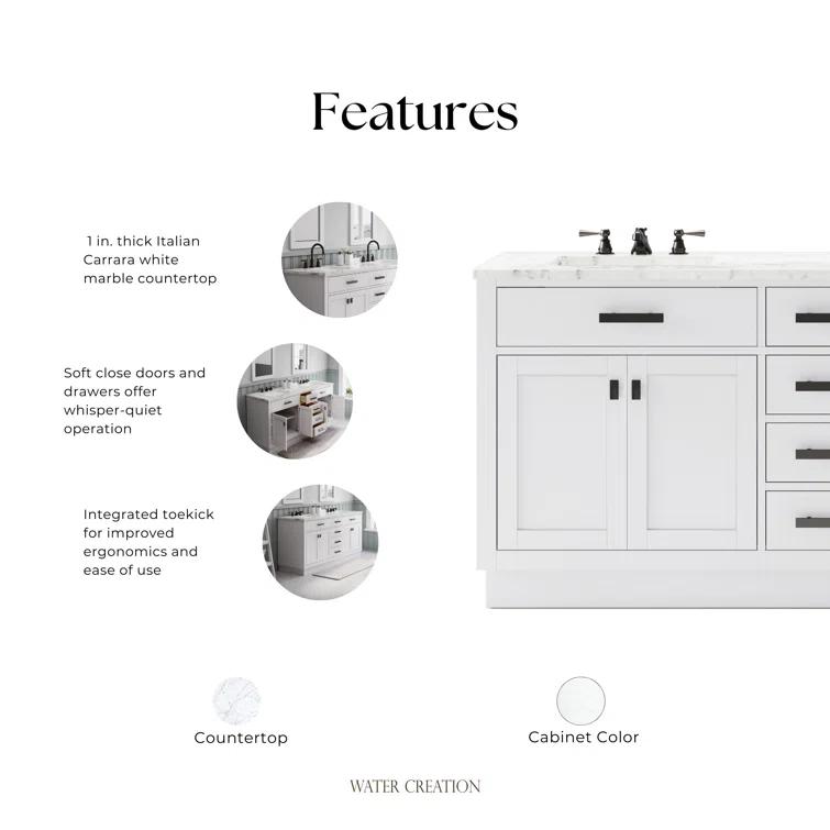 Hartford 72" Carrara White Marble Countertop Bath Vanity in Pure White with Faucet