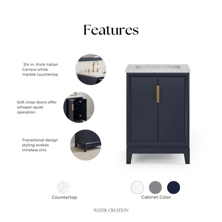 Elizabeth Collection 24 in. Bath Vanity in Monarch Blue With Vanity Top in Carrara White Marble - Vanity Only