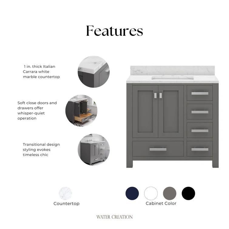 Madison 36 in. W x 21.5 in. D x 34 in. H Single Sink Bath Vanity in Cashmere Grey with Carrara White Marble Top