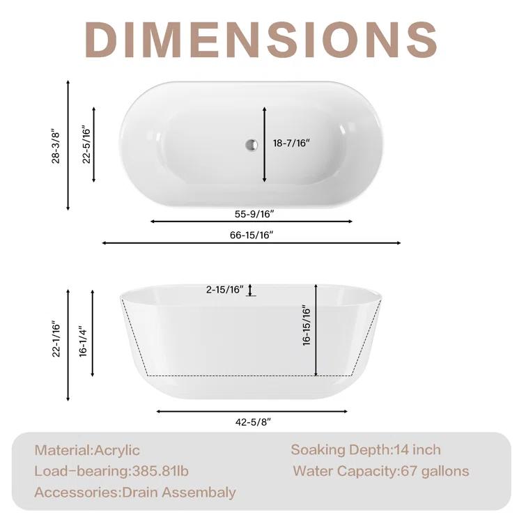 JimsMaison 59'' Acrylic Freestanding Soaking Bathtub In Glossy White JMUBBT21-59GW