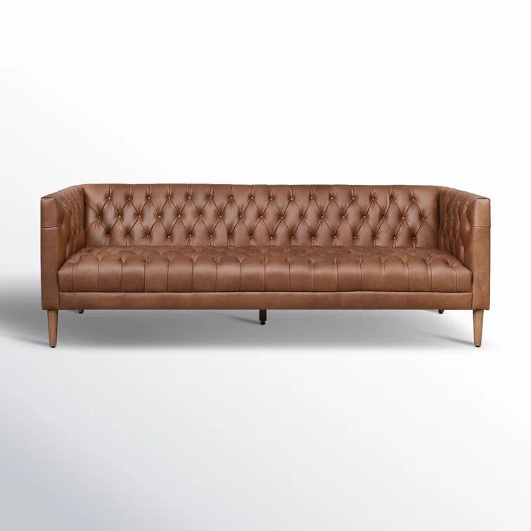 90" Brown Tufted Leather Stationary Sofa