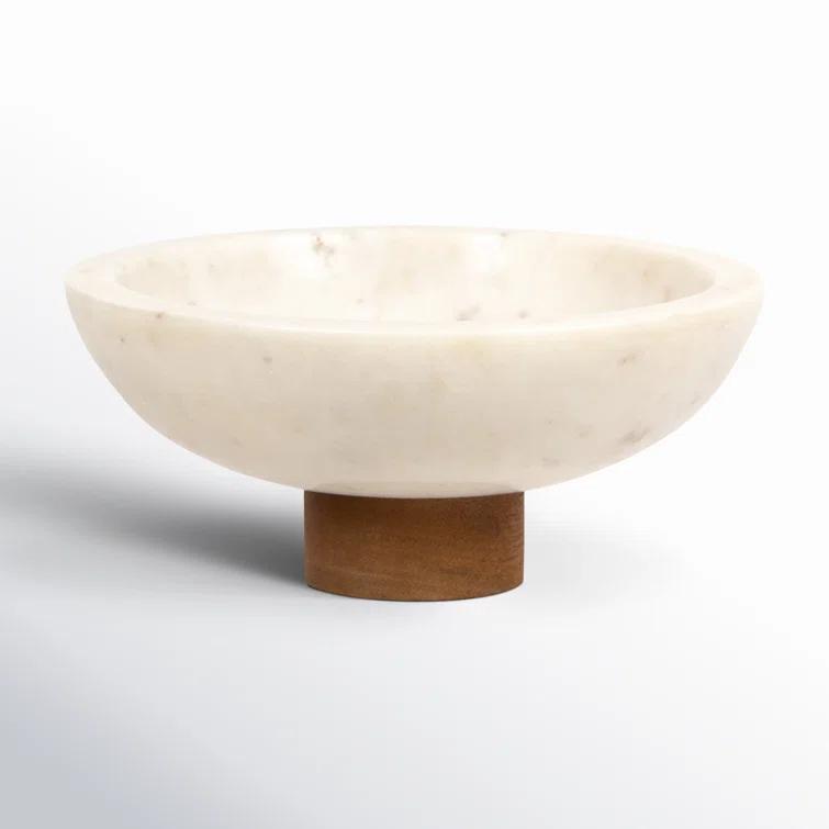 Honed White Marble Decorative Bowl with Auburn Mango Stand