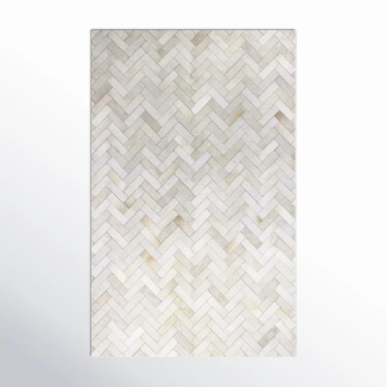 Santa Fe Collection Chevron Contemporary Leather Hand Stitched Area Rug, Cream - 5 x 8 ft.