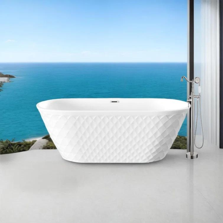 Aguamaph 67" x 31" Acrylic Freestanding Bathtub with Diamond Wave Pattern with Chrome Drain & Overflow T7052886731CW
