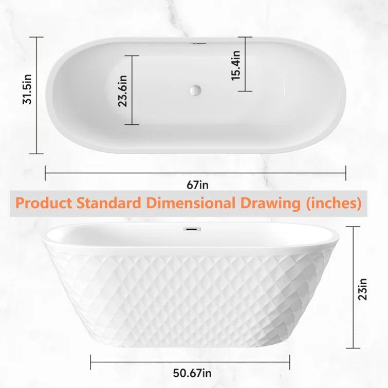 Aguamaph 67" x 31" Acrylic Freestanding Bathtub with Diamond Wave Pattern with Chrome Drain & Overflow T7052886731CW