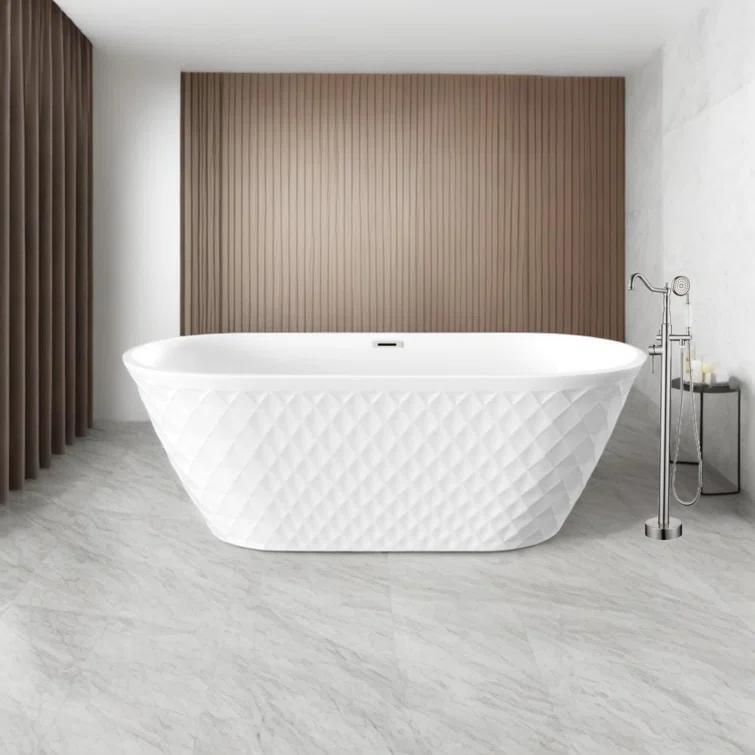 Aguamaph 67" x 31" Acrylic Freestanding Bathtub with Diamond Wave Pattern with Chrome Drain & Overflow T7052886731CW