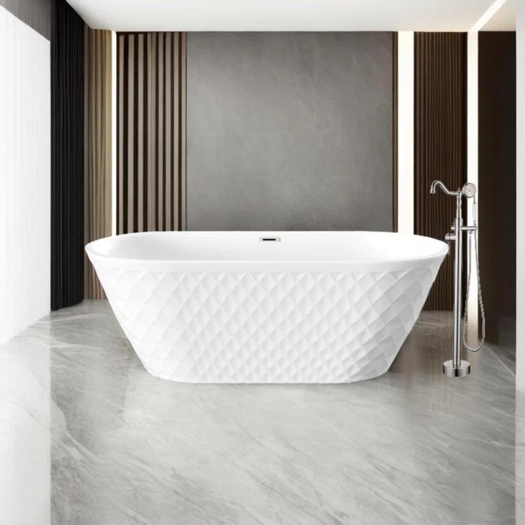Aguamaph 67" x 31" Acrylic Freestanding Bathtub with Diamond Wave Pattern with Chrome Drain & Overflow T7052886731CW