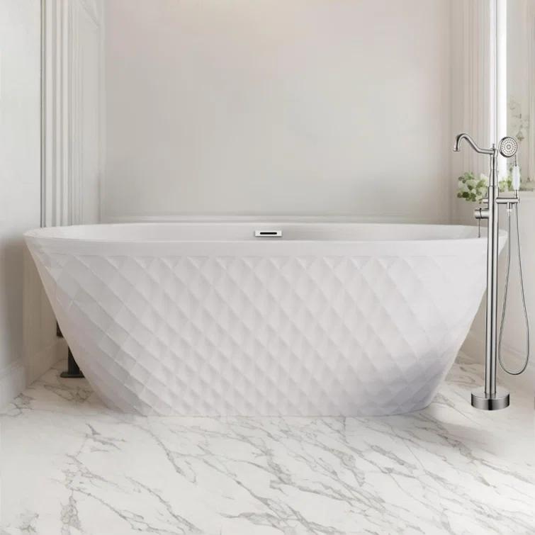 Aguamaph 67" x 31" Acrylic Freestanding Bathtub with Diamond Wave Pattern with Chrome Drain & Overflow T7052886731CW