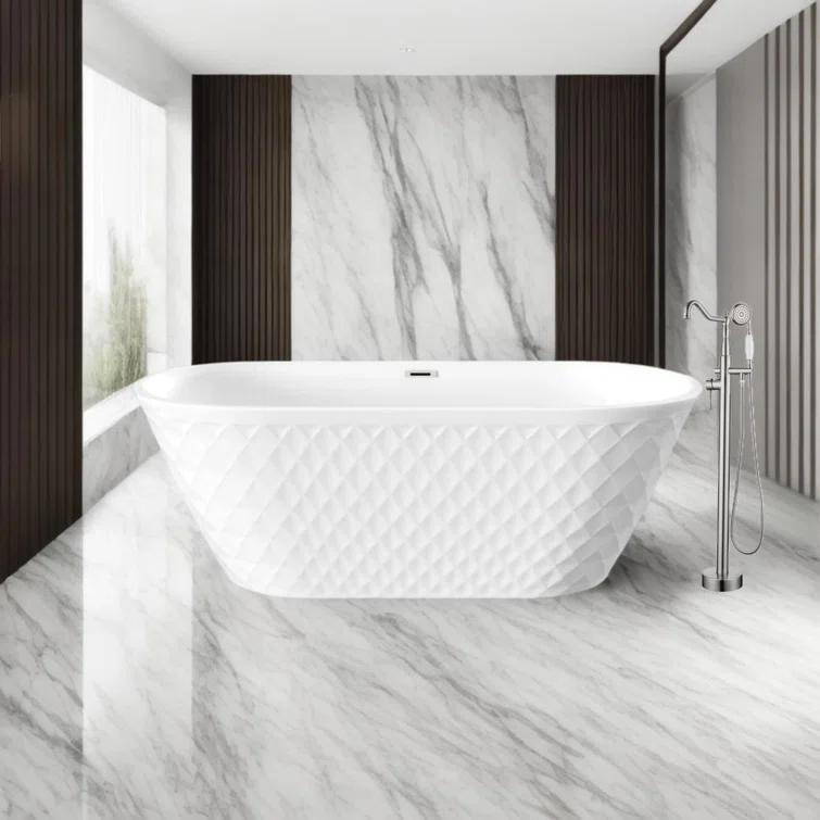 Aguamaph 67" x 31" Acrylic Freestanding Bathtub with Diamond Wave Pattern with Chrome Drain & Overflow T7052886731CW