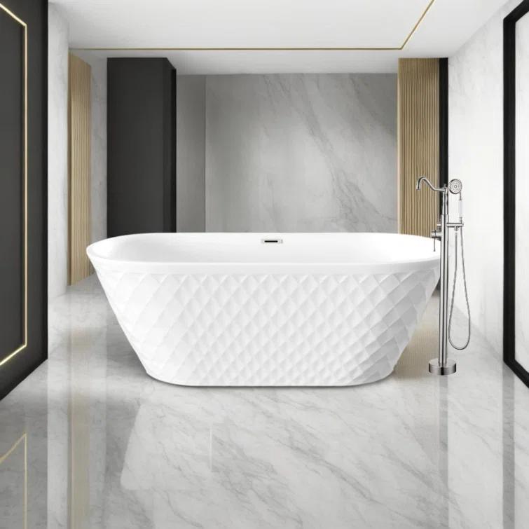Aguamaph 67" x 31" Acrylic Freestanding Bathtub with Diamond Wave Pattern with Chrome Drain & Overflow T7052886731CW