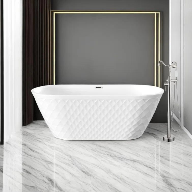 Aguamaph 67" x 31" Acrylic Freestanding Bathtub with Diamond Wave Pattern with Chrome Drain & Overflow T7052886731CW