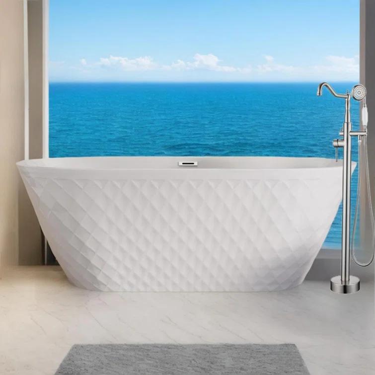 Aguamaph 67" x 31" Acrylic Freestanding Bathtub with Diamond Wave Pattern with Chrome Drain & Overflow T7052886731CW