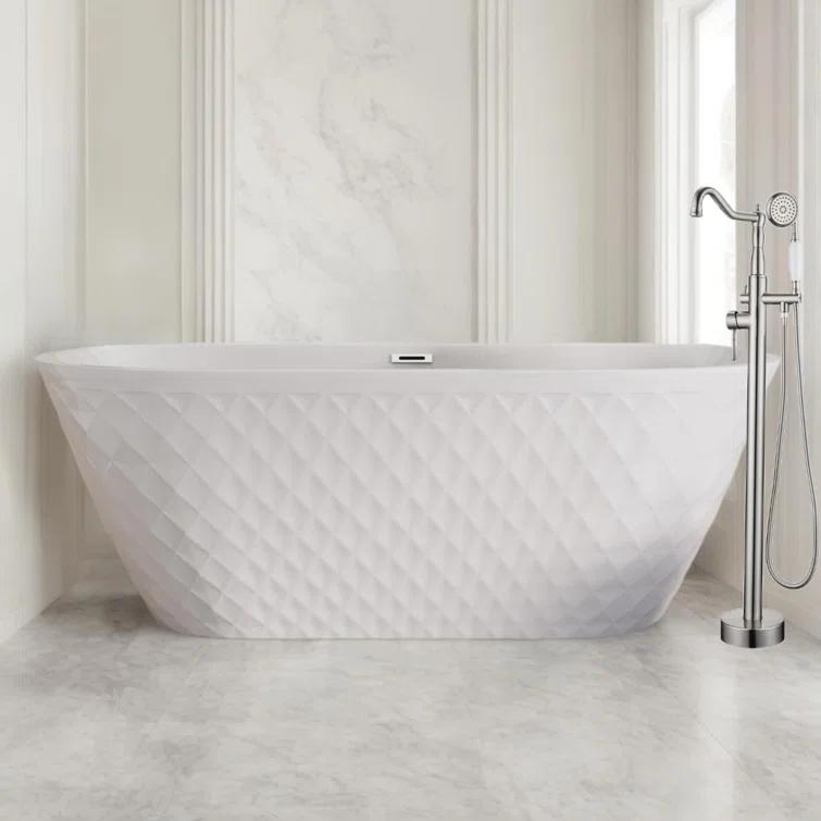 Aguamaph 67" x 31" Acrylic Freestanding Bathtub with Diamond Wave Pattern with Chrome Drain & Overflow T7052886731CW
