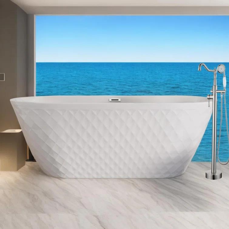 Aguamaph 67" x 31" Acrylic Freestanding Bathtub with Diamond Wave Pattern with Chrome Drain & Overflow T7052886731CW