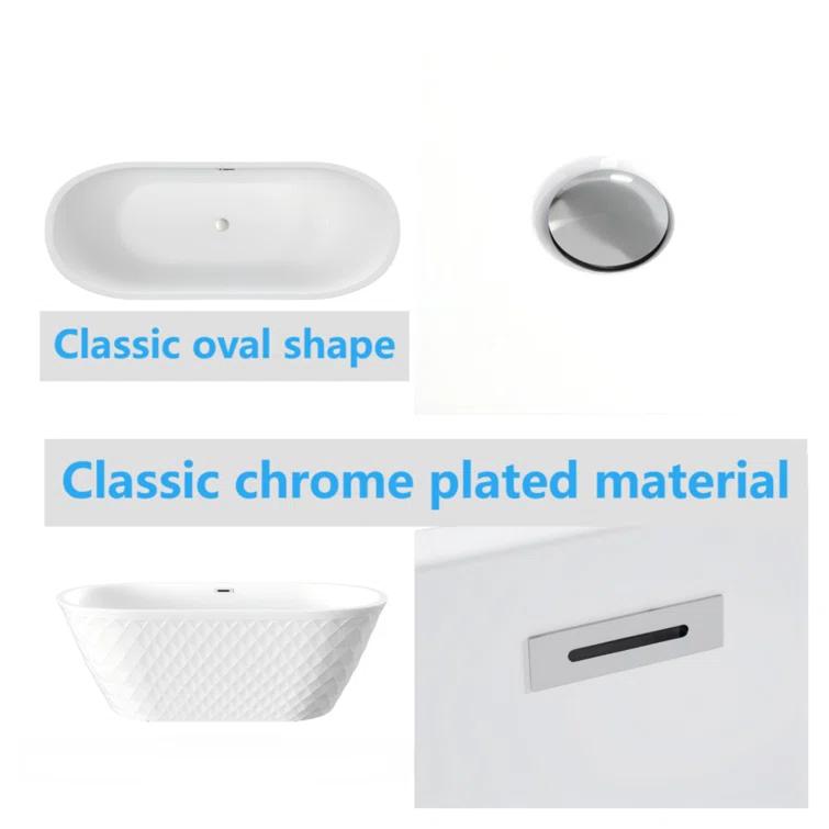 Aguamaph 67" x 31" Acrylic Freestanding Bathtub with Diamond Wave Pattern with Chrome Drain & Overflow T7052886731CW