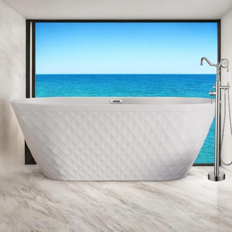 Aguamaph 67" x 31" Acrylic Freestanding Bathtub with Diamond Wave Pattern with Chrome Drain & Overflow T7052886731CW