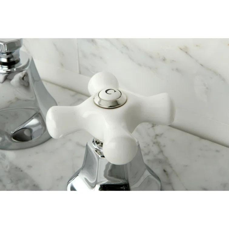 Kingston Brass Metropolitan Two-Handle 3-Hole Deck Mount Widespread Bathroom Faucet with Brass Pop-Up Drain