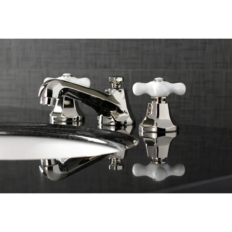 Kingston Brass Metropolitan Two-Handle 3-Hole Deck Mount Widespread Bathroom Faucet with Brass Pop-Up Drain