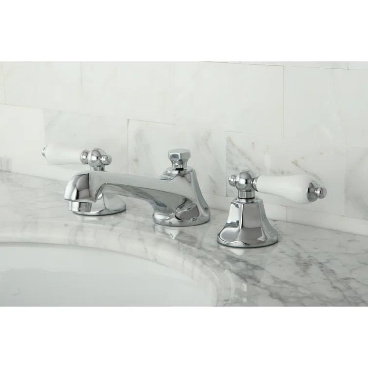 Kingston Brass Metropolitan Two-Handle 3-Hole Deck Mount Widespread Bathroom Faucet with Brass Pop-Up Drain