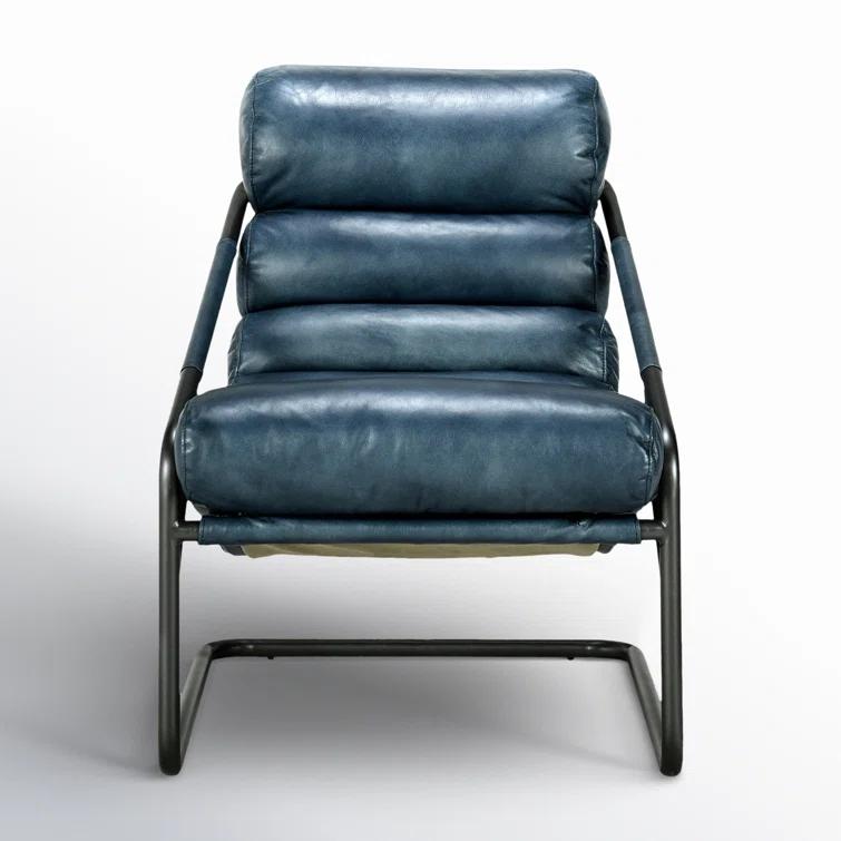Handcrafted Blue Leather Barrel Accent Chair with Metal Frame