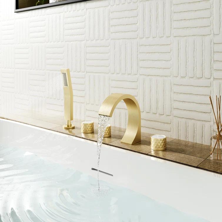 3 Handles Deck Mounted Bathroom Tub Faucet Trim with Handshower