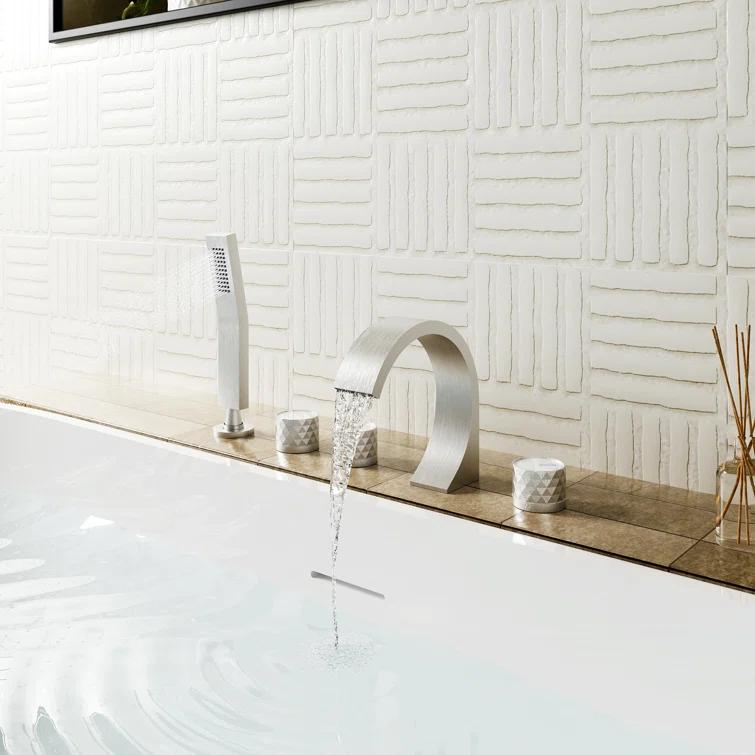 3 Handles Deck Mounted Bathroom Tub Faucet Trim with Handshower