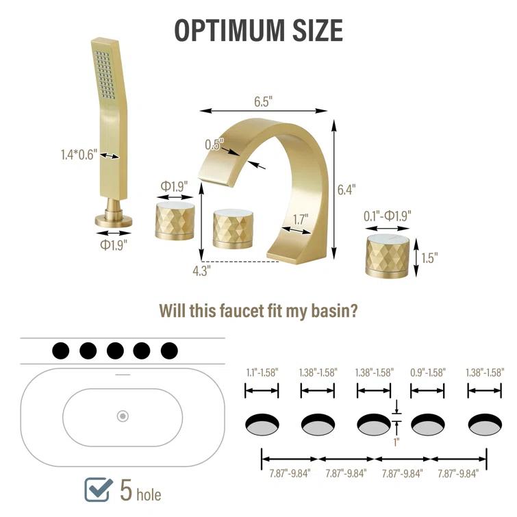 3 Handles Deck Mounted Bathroom Tub Faucet Trim with Handshower