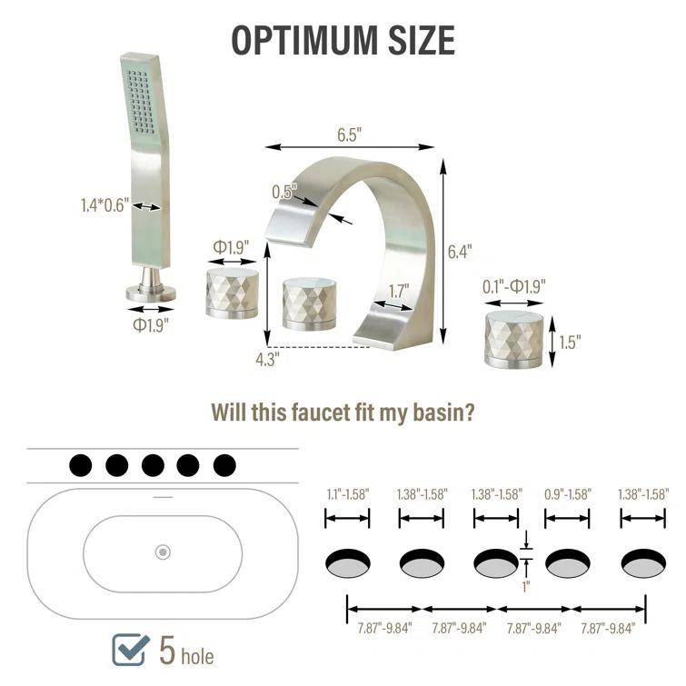 3 Handles Deck Mounted Bathroom Tub Faucet Trim with Handshower