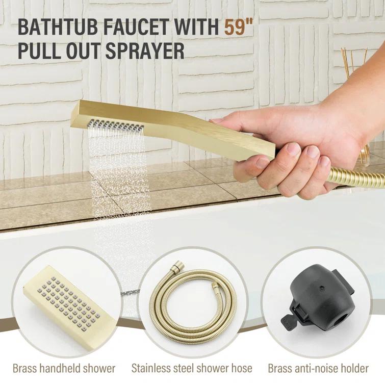 3 Handles Deck Mounted Bathroom Tub Faucet Trim with Handshower