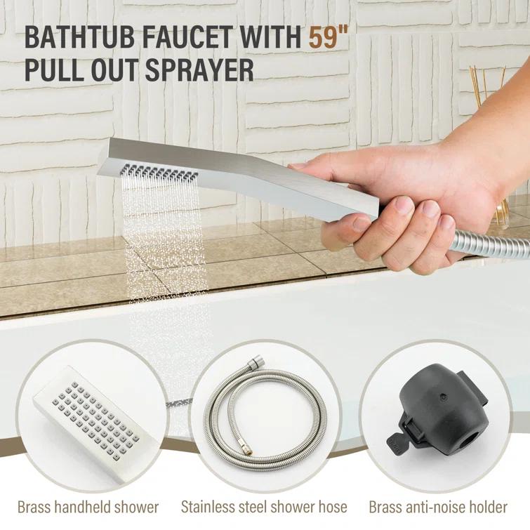 3 Handles Deck Mounted Bathroom Tub Faucet Trim with Handshower