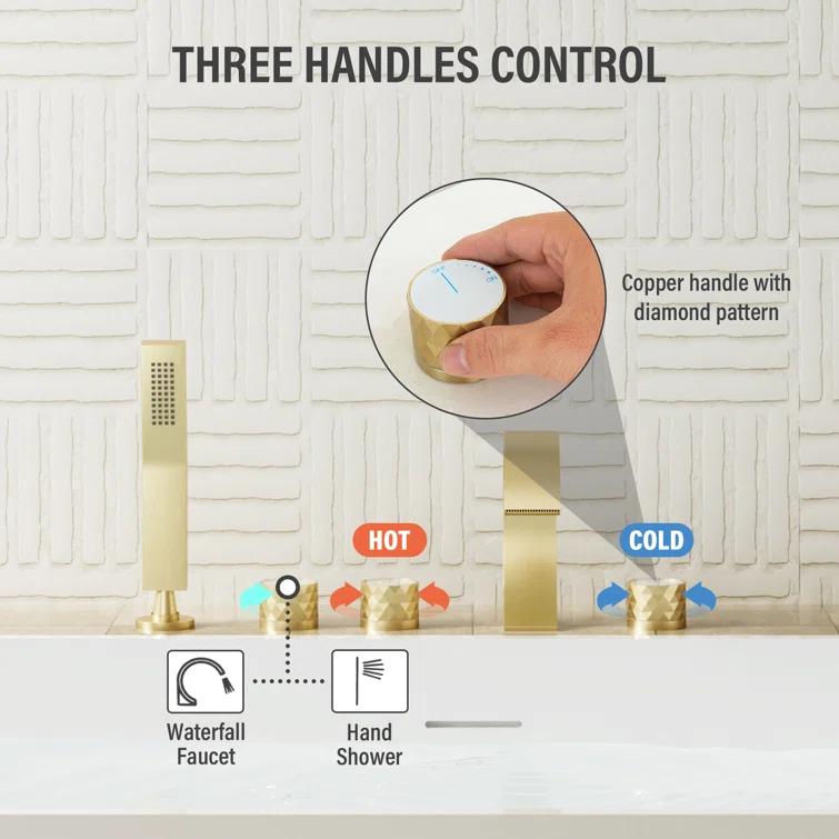 3 Handles Deck Mounted Bathroom Tub Faucet Trim with Handshower