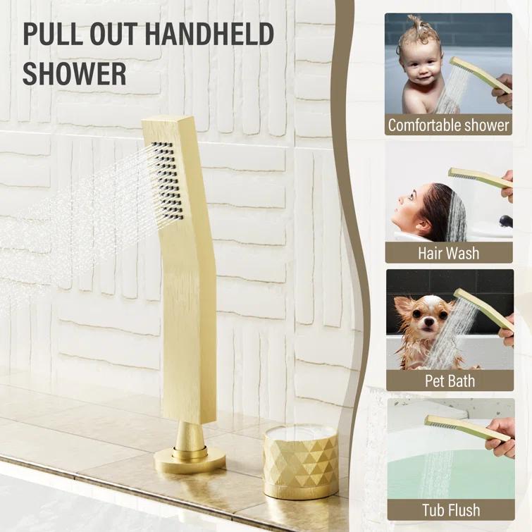 3 Handles Deck Mounted Bathroom Tub Faucet Trim with Handshower