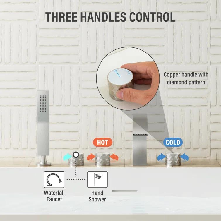 3 Handles Deck Mounted Bathroom Tub Faucet Trim with Handshower