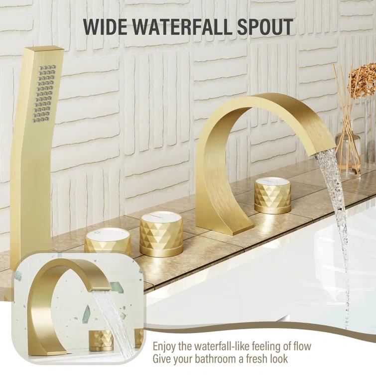 3 Handles Deck Mounted Bathroom Tub Faucet Trim with Handshower