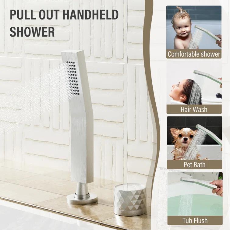 3 Handles Deck Mounted Bathroom Tub Faucet Trim with Handshower